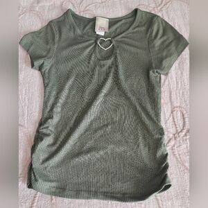 Teen Olive Green Ribbed Short-Sleeve Top with Front Keyhole